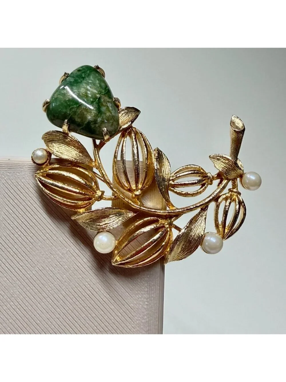 Vintage Lisner Gold-Tone Leaf Brooch With Green Stone & Faux Pearls Botanical